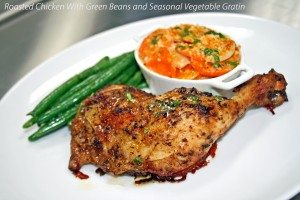 Roast Chicken With Sauteed Green Beans And Vegetable Gratin