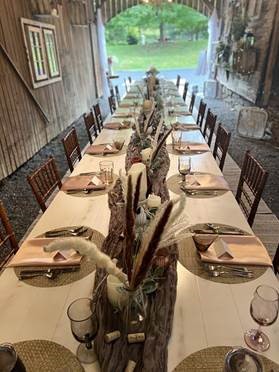 A long table with white tables and wooden chairs

Micro-wedding